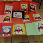 Kartki Walentynkowe - pingwin z sercem. I napis "Kl. I Malec"