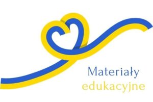 Na białym tle niebiesko-żółta wstęga, układająca się na środku w serce. Poniżej napis "Materiały edukacyjne"